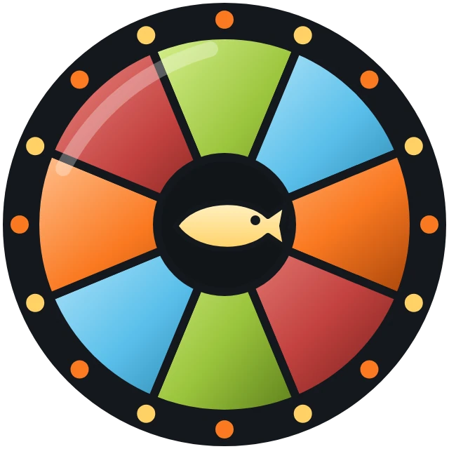 A round glass window in lime, cyan, tangerine and berry with a golden bass in the centre