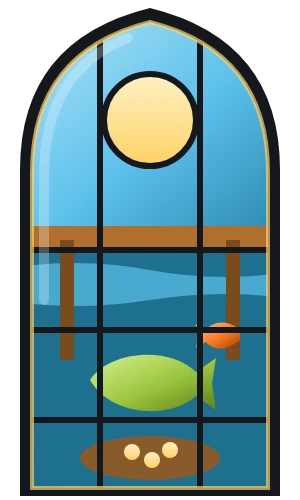 Coloured-glass window showing the summer dock, a bass, a catfish and the nest of golden eggs