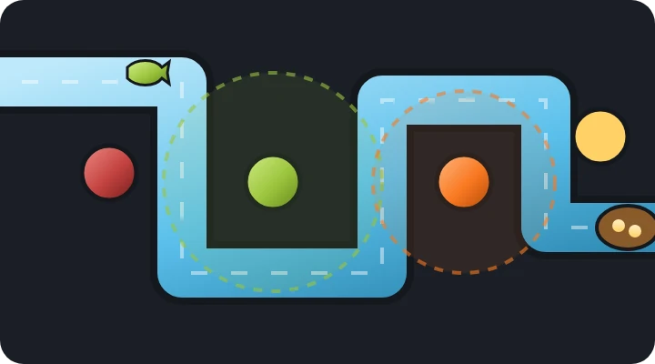 Top-down glass map of the dock channel with defender posts and their reach